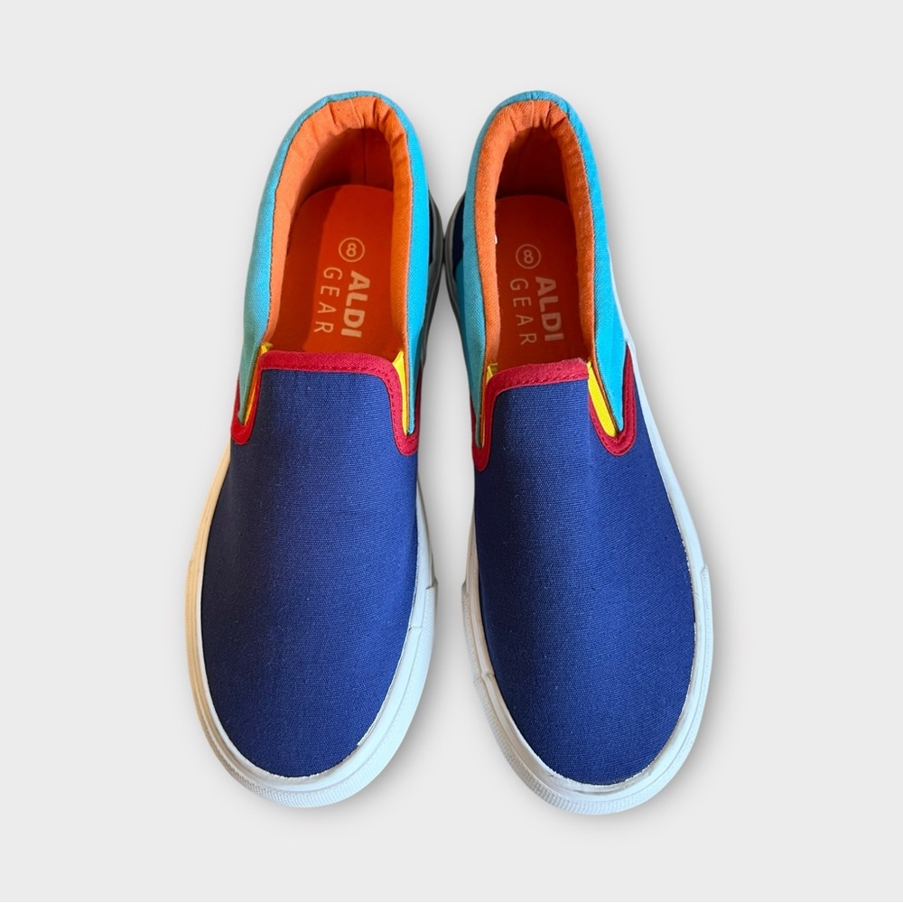 NWOT Aldi Gear Canvas Slip-Ons Shoes Women's Size 8 Blue Red Yellow Colorblock